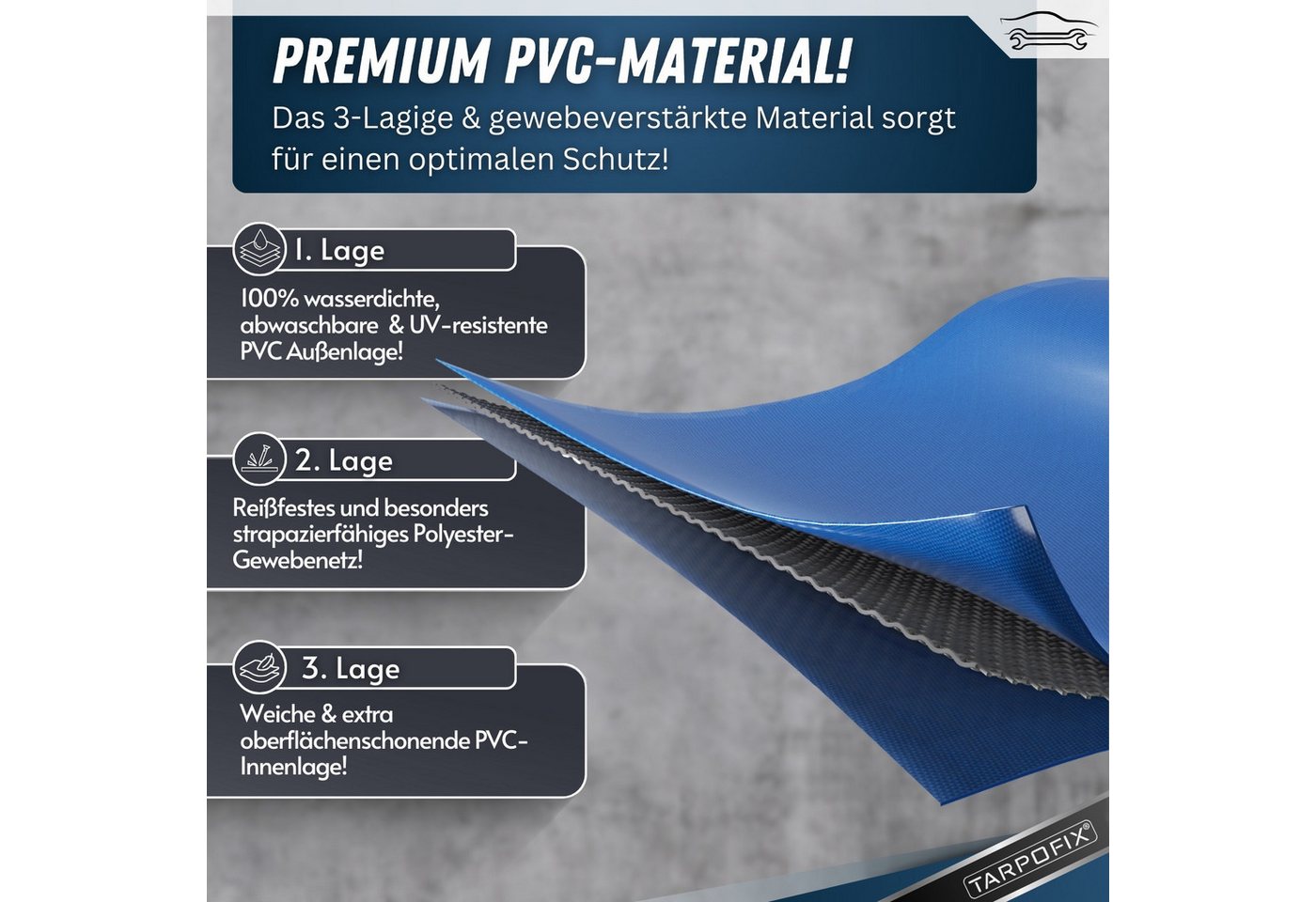 Tarpofix® Schutzplane Anhängerplane DDR Anhänger PVC wasserdicht UV-beständig (Blaue Plane + 1x Planenbügel), Flachplane 140x105 cm + 1x Planenbügel Set Bild 5