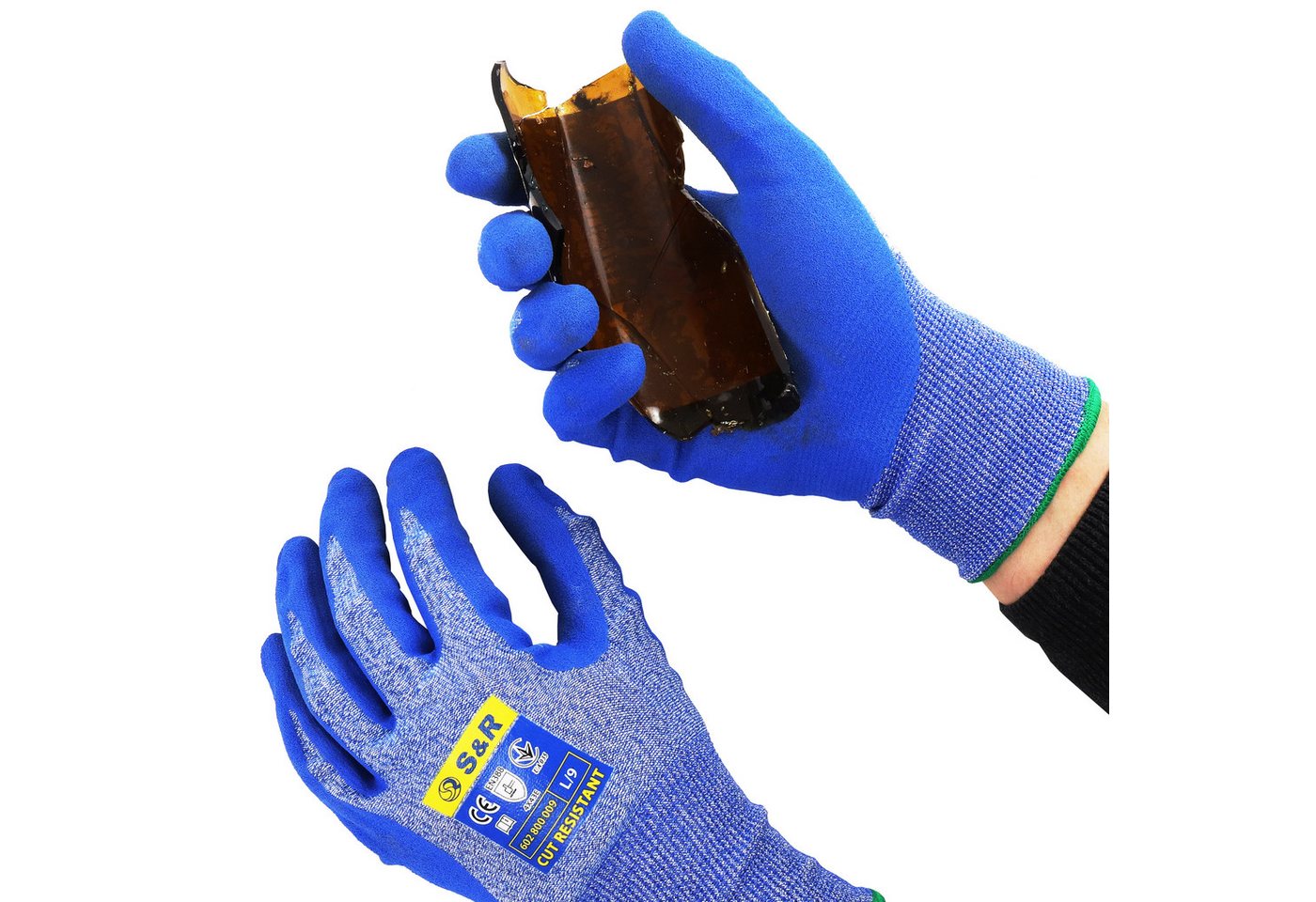 S&R Schnittschutzhandschuhe Schnittfeste Schutzhandschuhe 3 Paar mit Nitrilbeschichtung in L / 9 (3-St) Anti-Rutsch Arbeitshandschuhe für Montage, Bauen, Restauration