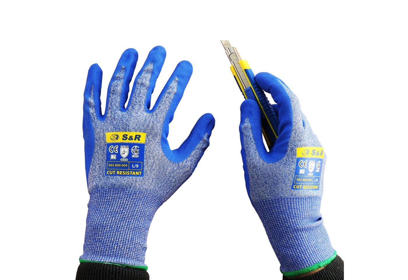 S&R Schnittschutzhandschuhe Schnittfeste Schutzhandschuhe 3 Paar mit Nitrilbeschichtung in L / 9 (3-St) Anti-Rutsch Arbeitshandschuhe für Montage, Bauen, Restauration Bild 5
