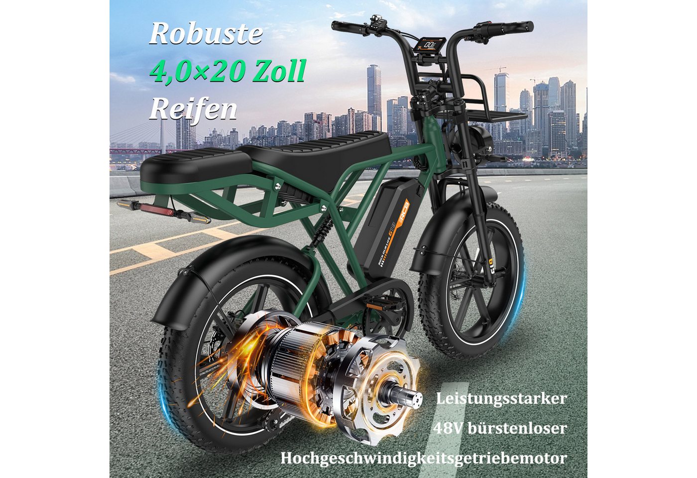 RCB E-Bike Pedelec G19, 20×4,0Zoll, 22,5Ah, 1365W Spitzenleistung, 120–130KM Reichweite, 7 Gang, 250W Heckmotor, 1080 Wh, Blinker,NFC&APP,Drehmomentsensor, Steigfähigkeit bis 21,26 % (ca. 12) Bild 2