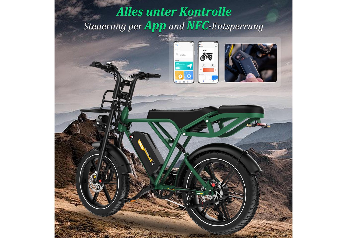 RCB E-Bike Pedelec G19, 20×4,0Zoll, 22,5Ah, 1365W Spitzenleistung, 120–130KM Reichweite, 7 Gang, 250W Heckmotor, 1080 Wh, Blinker,NFC&APP,Drehmomentsensor, Steigfähigkeit bis 21,26 % (ca. 12) Bild 4