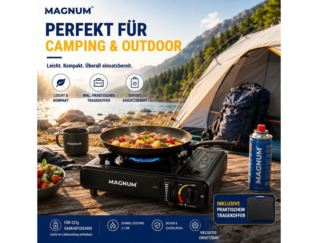 Magnum Wave Gaskocher Gaskocher Camping [2,1 kW] Piezozündung Tragekoffer 4 Kartuschen, 2,1 kW · Piezozündung · Tragekoffer · 4 Kartuschen inkl. Bild 2