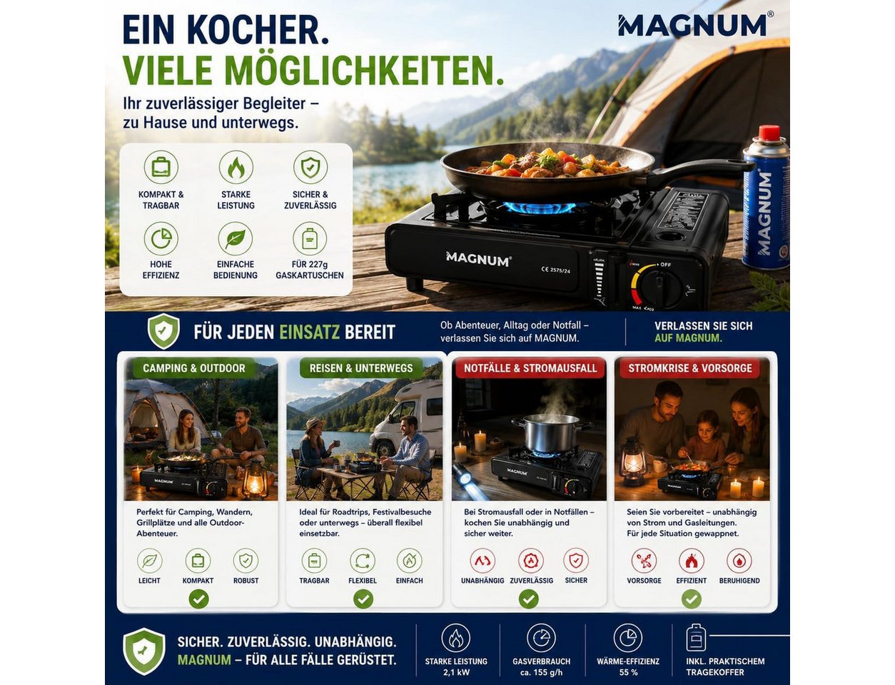 Magnum Wave Gaskocher Gaskocher Camping [2,1 kW] Piezozündung Tragekoffer 4 Kartuschen, 2,1 kW · Piezozündung · Tragekoffer · 4 Kartuschen inkl. Bild 4