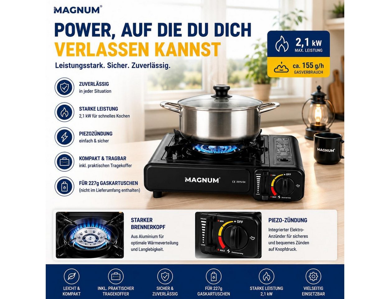 Magnum Wave Gaskocher Gaskocher Camping [2,1 kW] Piezozündung Tragekoffer 4 Kartuschen, 2,1 kW · Piezozündung · Tragekoffer · 4 Kartuschen inkl. Bild 5