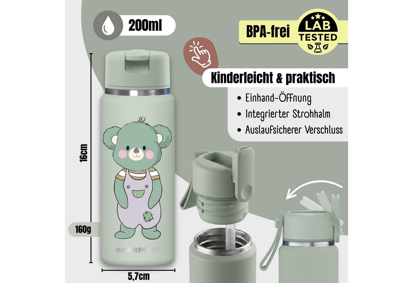 BEARFOOT Trinkflasche TINY Thermo Kinder Trinkflasche Edelstahl - Koala, Thermosflasche, auslaufsicher, Edelstahl, Kinderflasche, BPA-frei Bild 4