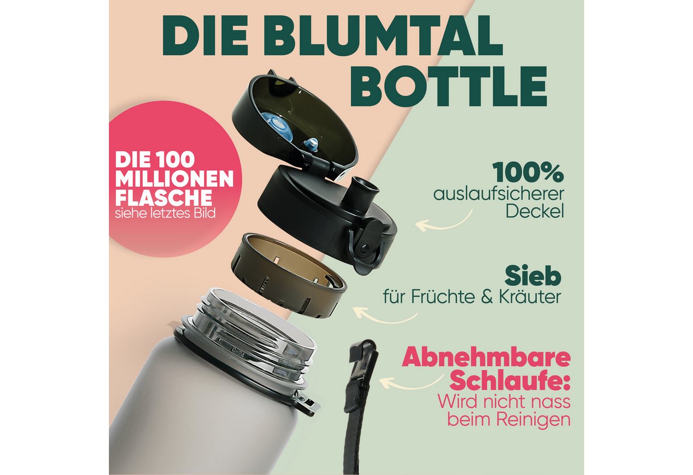 Blumtal Trinkflasche auslaufsichere Trinkflasche Sport + 1-Klick-Verschluss, BPA-frei, Wasserflasche mit Sieb, spülmaschinenfest, F.A.Z. Kaufkompass getestet Bild 2