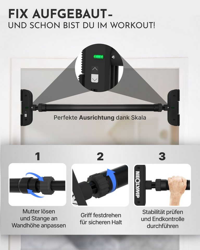 NEOLYMP Klimmzugstange Klimmzug Hilfe - Ohne Schrauben - Klimmzugstange Türrahmen - Pull up (hält ohne Bohren im Türrahmen, Gewindesperre für sicheren Halt, beliebig verstellbar (73 - 92 cm), mit gepolstertem Griff, platzsparend und verstaubar, Klimmzugstange Türrahmen ohne Schrauben - Home Gym Equipment), Gepolsterte Griffe - Bis 200kg - Verstellbar 73-92cm - Klimmzüge Bild 2