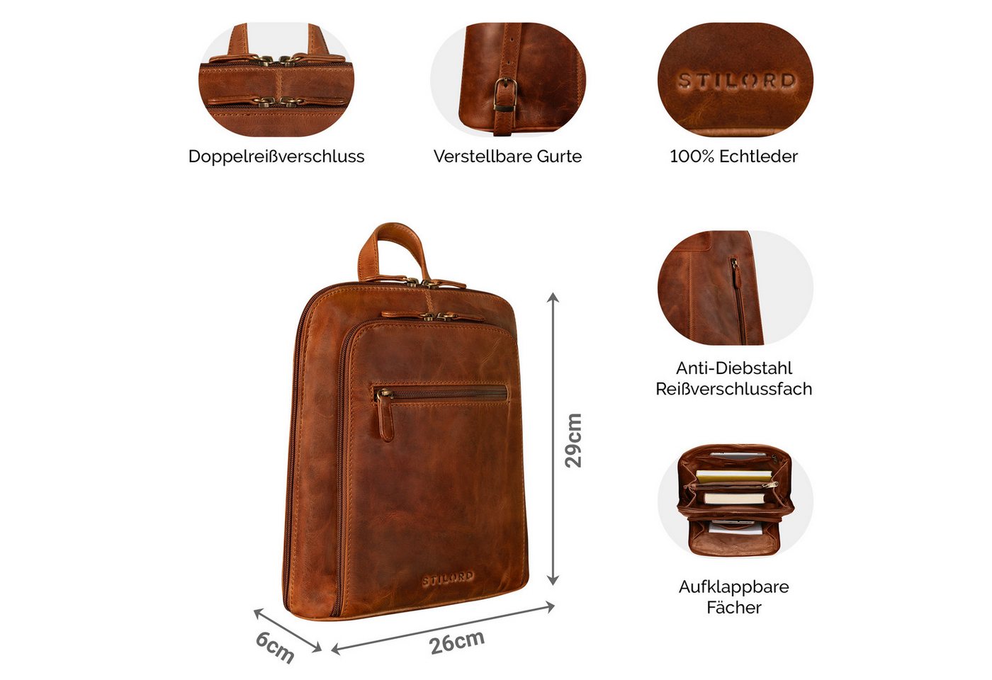 STILORD Cityrucksack "Millie" Kleiner Echtleder City Rucksack für Damen, Lederrucksack mit Reißverschluss, Schnallen & Anti Diebstahl Fach Bild 2