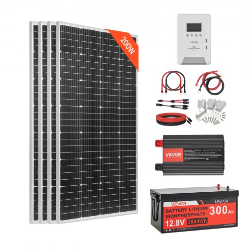 VEVOR 800W Solaranlage Komplettset, Insel Solaranlage Inkl. 4x 200W Mono-Solarpanele 12,8V 300Ah LiFePO4 Stromspeicher 60A MPPT Laderegler & 12V 2000W Wechselrichter, Photovoltaik Inselanlage für Heim
