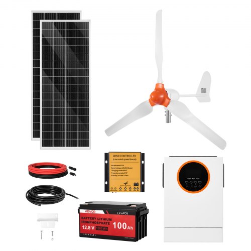 VEVOR 12V 600W Solar-Wind-Hybrid-Set, Inkl. 2 Stk. 100W Mono-Solarpanele 400W Windturbine mit Kontroller 1000W Hybrid-Solar-Wechselrichter & 12,8V 100Ah LiFePO4 Akku, Ideal für Heimgebrauch Auto RV