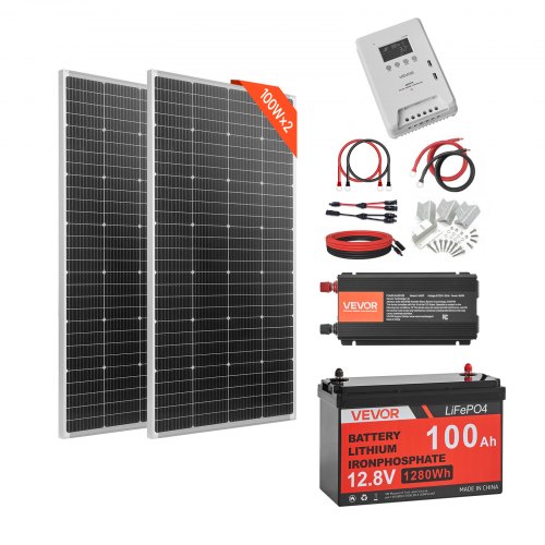 VEVOR 400W Solaranlage Komplettset, Insel Solaranlage Inkl. 2x 200W Mono-Solarpanele 12,8V 100Ah LiFePO4 Stromspeicher 40A MPPT Laderegler & 12V 1000W Wechselrichter, Photovoltaik Inselanlage für Heim