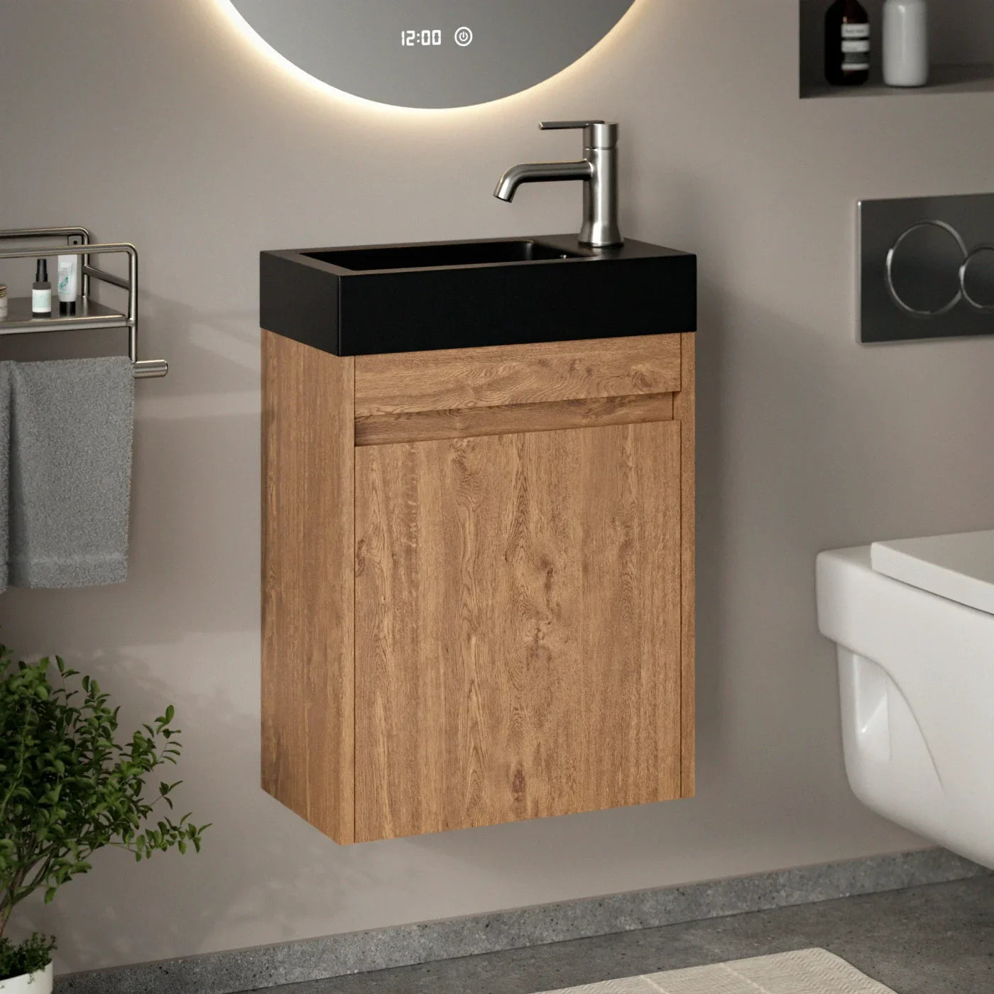 Gäste-wc-möbel Elen – 40 Cm – Warme Eiche – Schwarzes Waschbecken