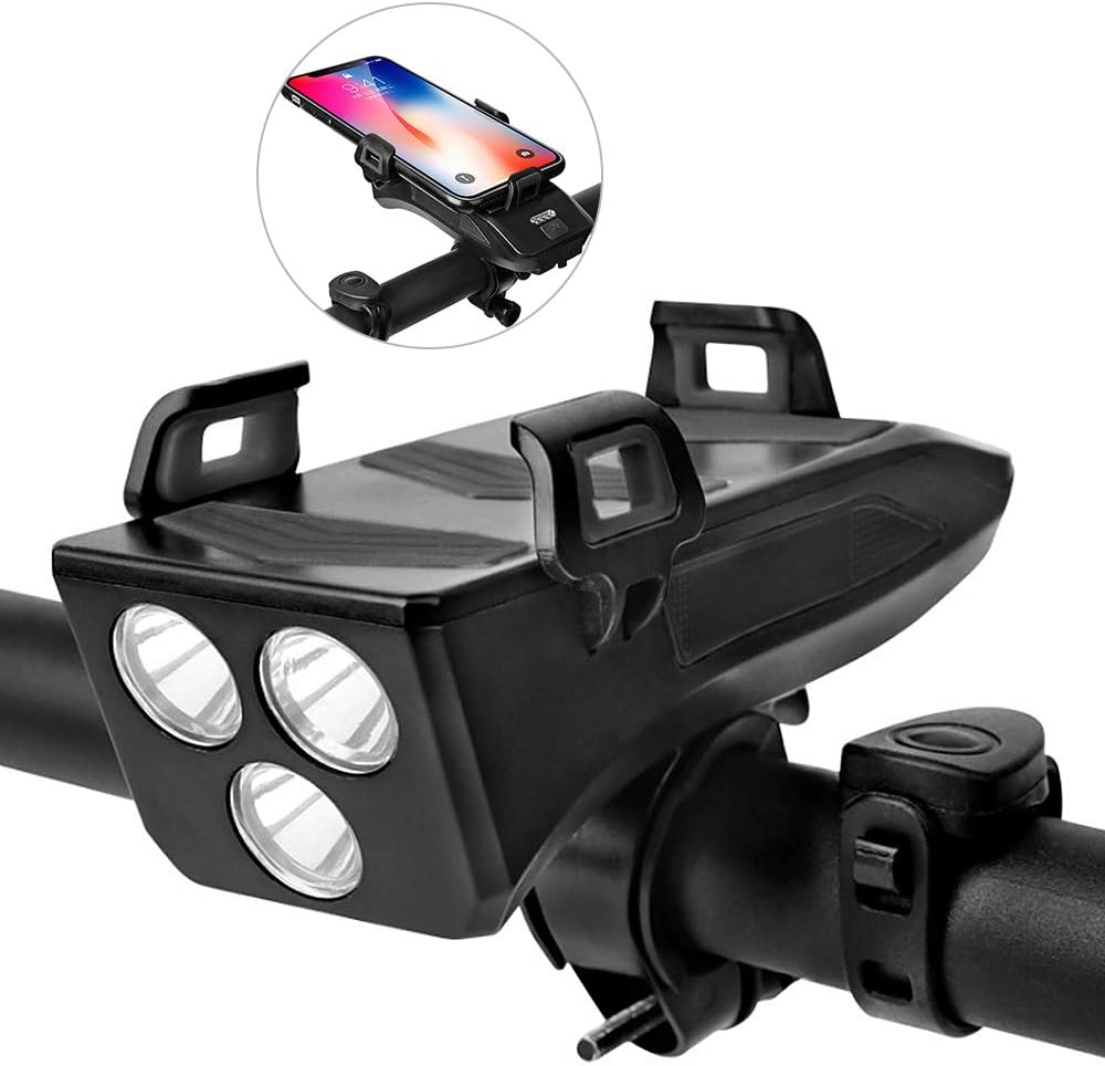 4-in-1 Multifunktions-fahrradlicht, Hupenlampe Mit Telefonhalterung, Über Usb Wiederaufladbares Wasserdichtes Fahrradlicht Mit 3 Beleuchtungsmodi, 5 Tönen, Geeignet Für Mountainbikes