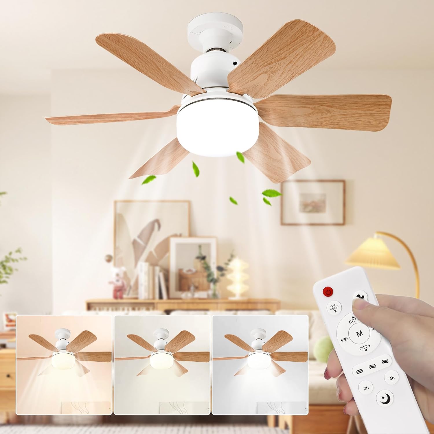 40-w-ventilator Mit 6 Flügeln, 52 Cm, 3000–6500 K, 3 Geschwindigkeitsstufen (12 W), Holzflügel + Kristallschirm, Große Fernbedienung, 52 × 52 × 18,5 Cm