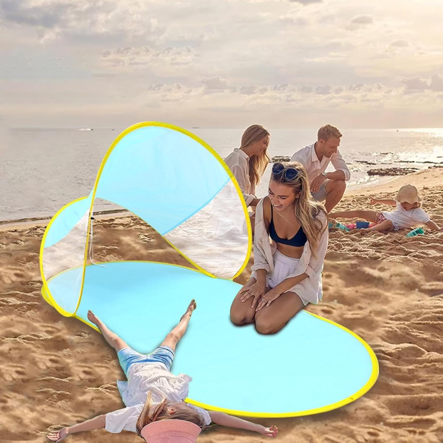 Aufklappbarer Sonnenschutz Für Strand Und Camping – Uv-schutzzelt – Stahlringrahmen – Strapazierfähiges Polyestergewebe – Maße 140 X 70 X 65 Cm – Tragbarer Sonnenschirm (himmelblau)