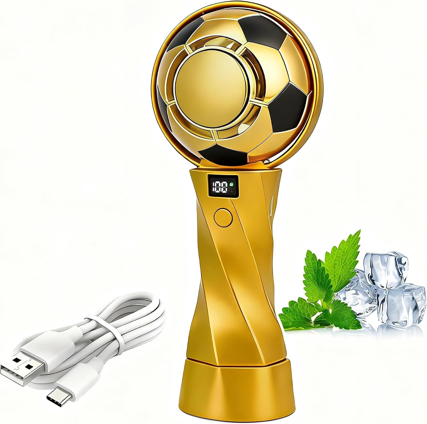 Mini-fußball-ventilator Mit Sprühfunktion, 100 Geschwindigkeitsstufen, Led-anzeige, 1800-mah-akku – Gold