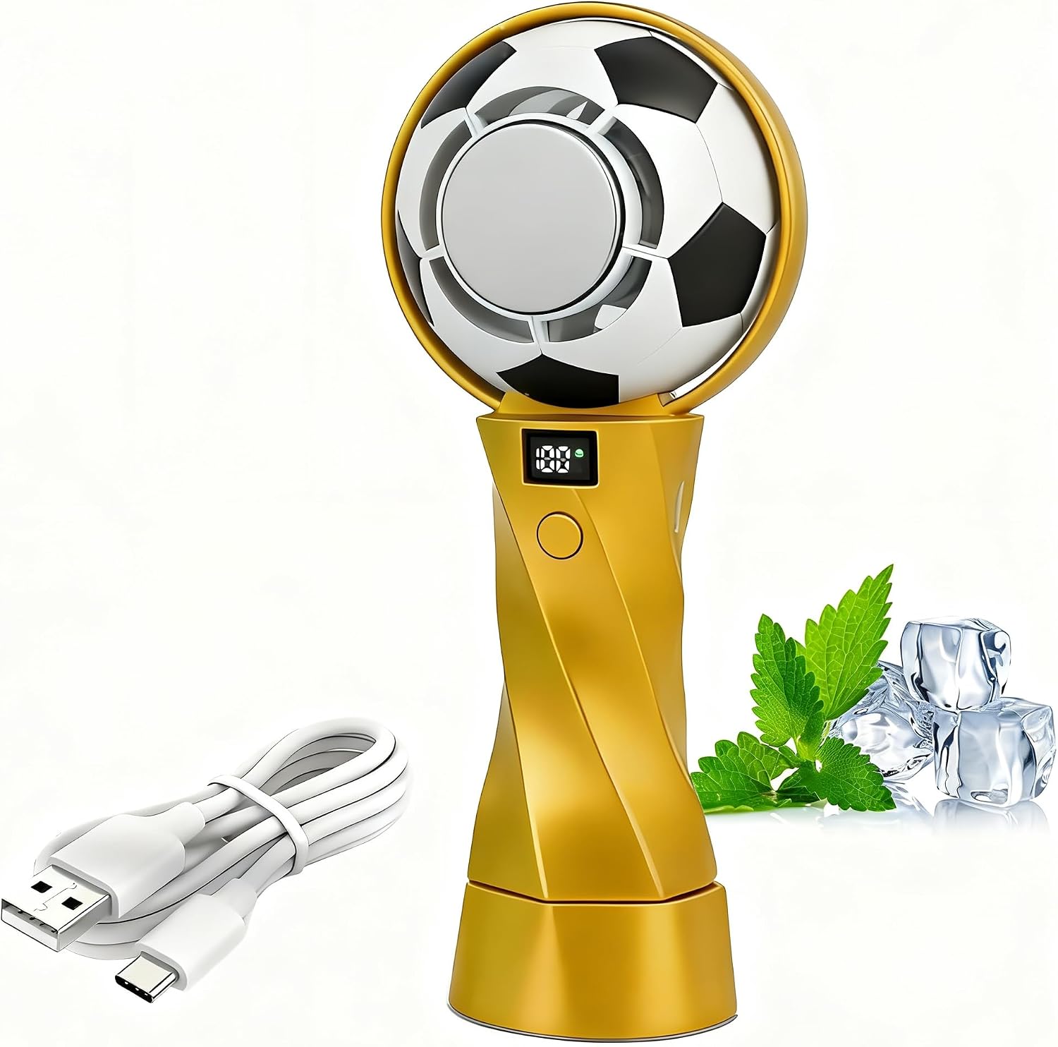 Mini-fußball-ventilator Mit Sprühfunktion, 100 Geschwindigkeitsstufen, Led-anzeige, 1800-mah-akku – Gold & Weiß