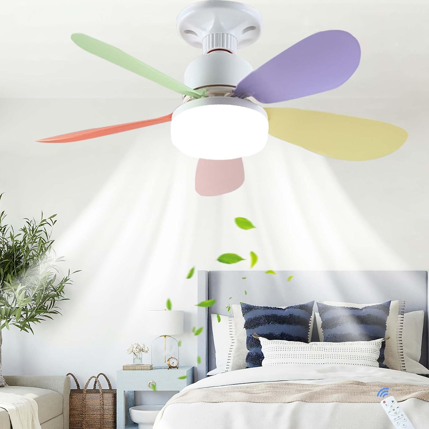 40-w-ventilator Mit 5 Flügeln, 52 Cm Durchmesser, 3000–6500 K, 3 Geschwindigkeitsstufen (12 W), Farbige Flügel + Kristallschirm, Große Fernbedienung, 52 × 52 × 19 Cm