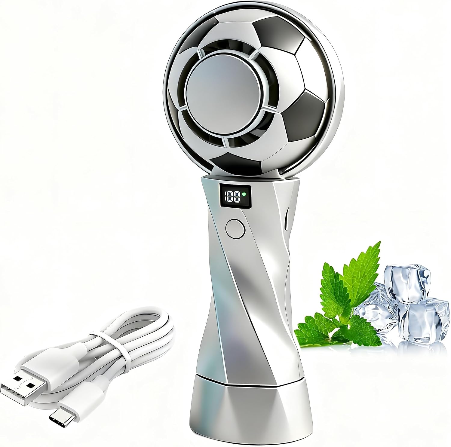 Mini-fußball-ventilator Mit Sprühfunktion, 100 Geschwindigkeitsstufen, Led-anzeige, 3000-mah-akku – Silber