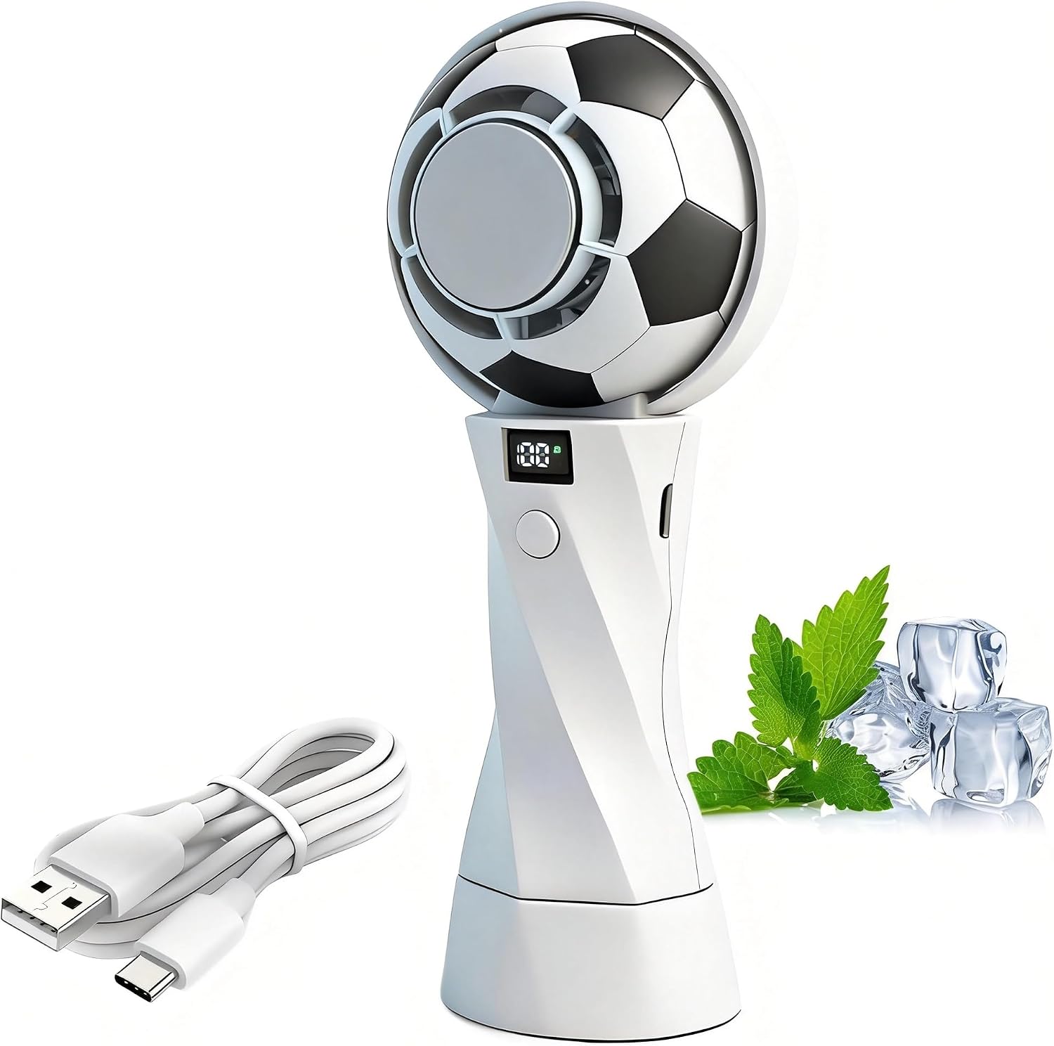 Mini-fußball-ventilator Mit Sprühfunktion, 100 Geschwindigkeitsstufen, Led-anzeige, 5000-mah-akku – Weiß