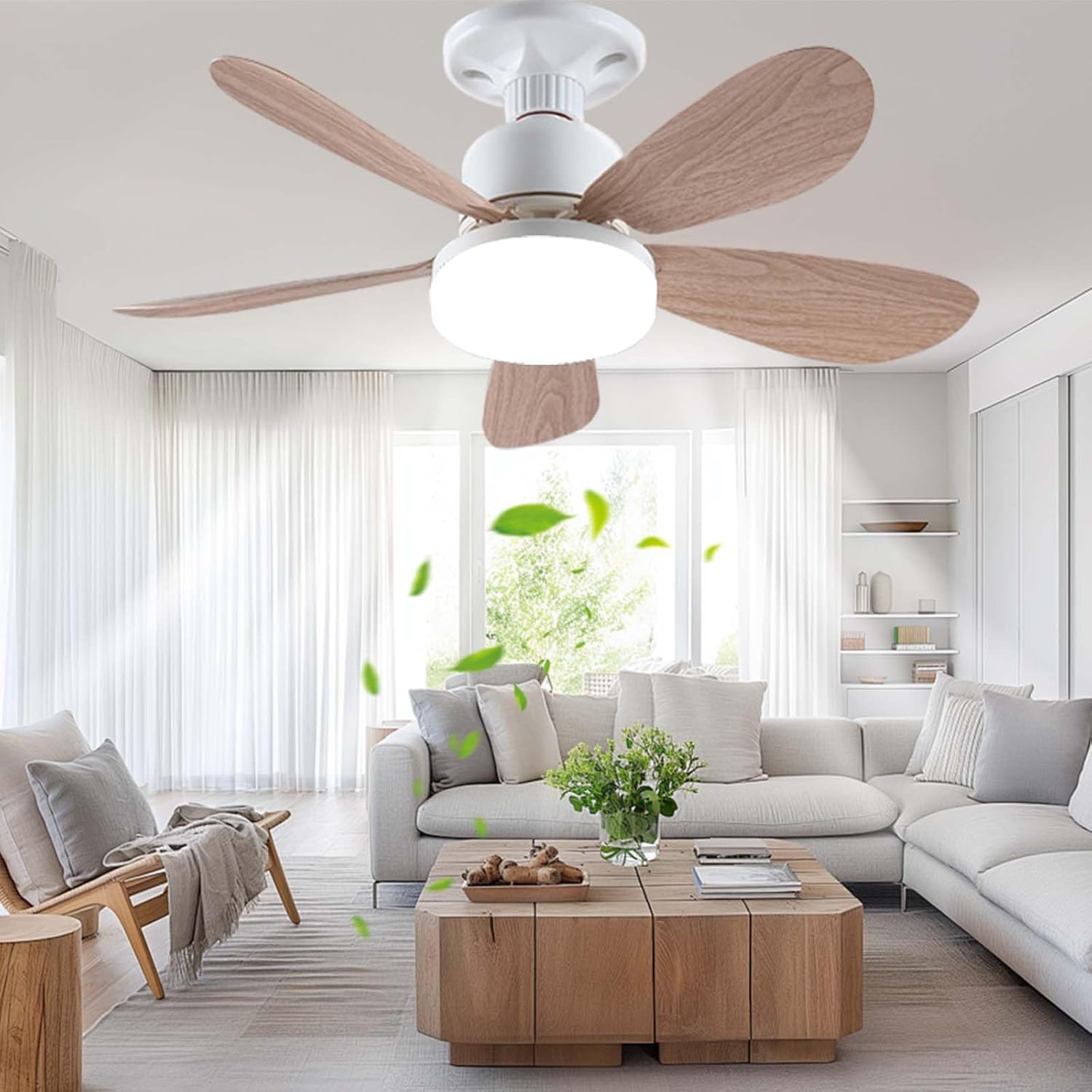 40-w-ventilator Mit 5 Flügeln, 52 Cm Durchmesser, 3000–6500 K, 3 Geschwindigkeitsstufen (12 W), Holzflügel + Kristallschirm, Große Fernbedienung, 52 × 52 × 19 Cm