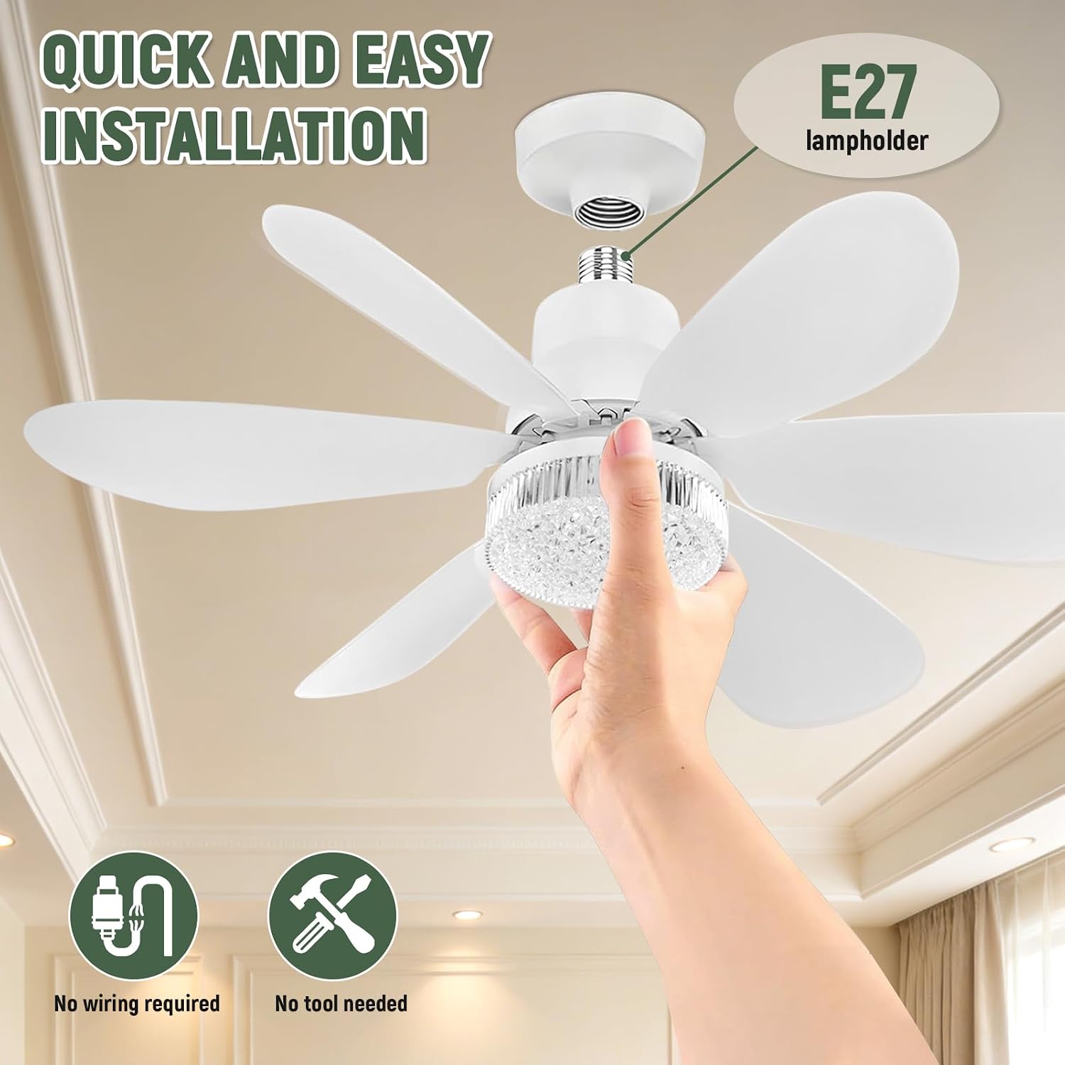 40-w-ventilator Mit 6 Flügeln, 52 Cm, 3000–6500 K, 3 Geschwindigkeitsstufen (12 W), Weiße Flügel + Kristallschirm, Große Fernbedienung, 52 × 52 × 18,5 Cm