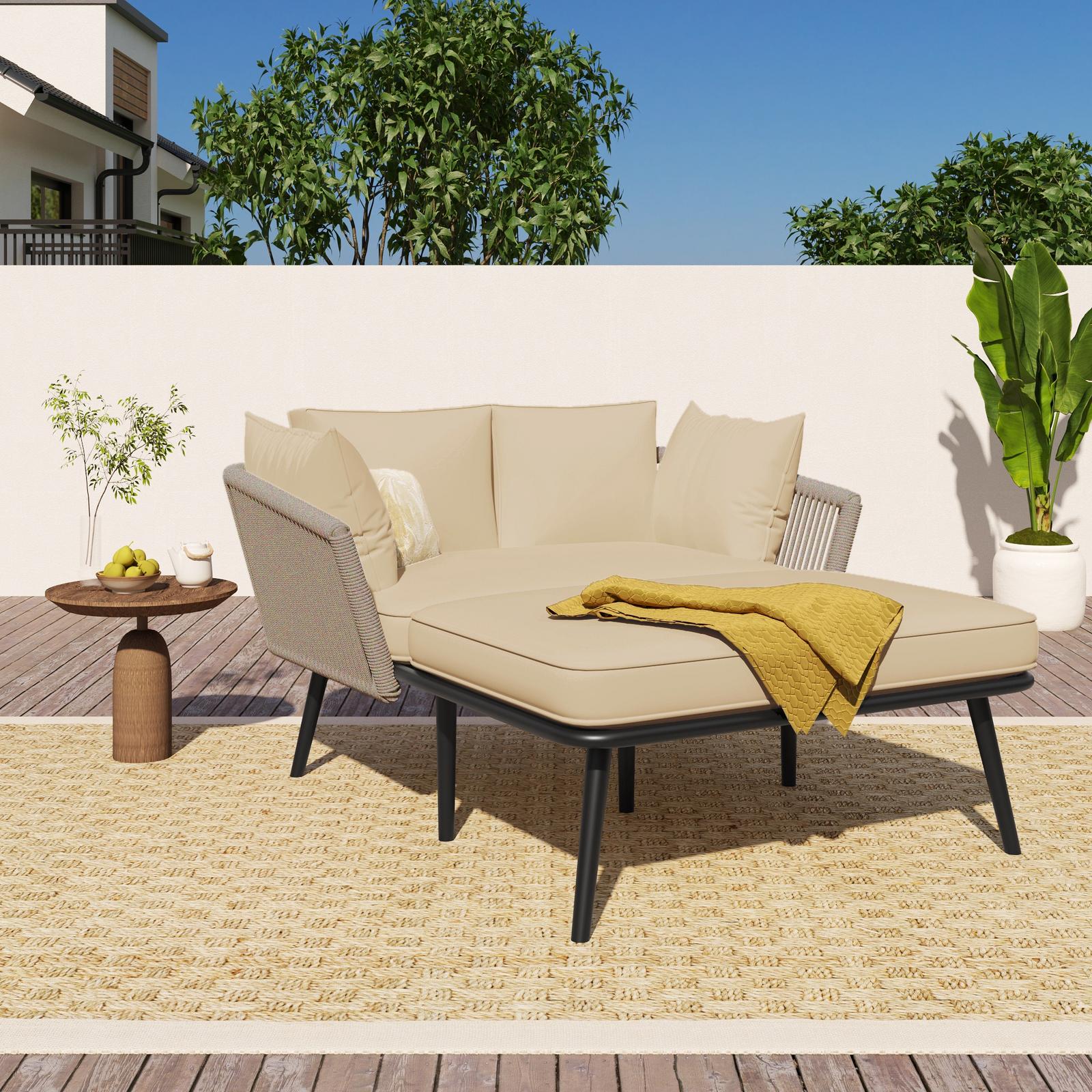 Gartensofa Und Outdoor-sonnenliege, Liegebett Für Terrasse Und Garten, Handgeflochtenes Seil Und Rahmen Aus Verzinktem Stahl, 10 Cm Dicke Kissen Mit Abnehmbaren Bezügen, Khaki