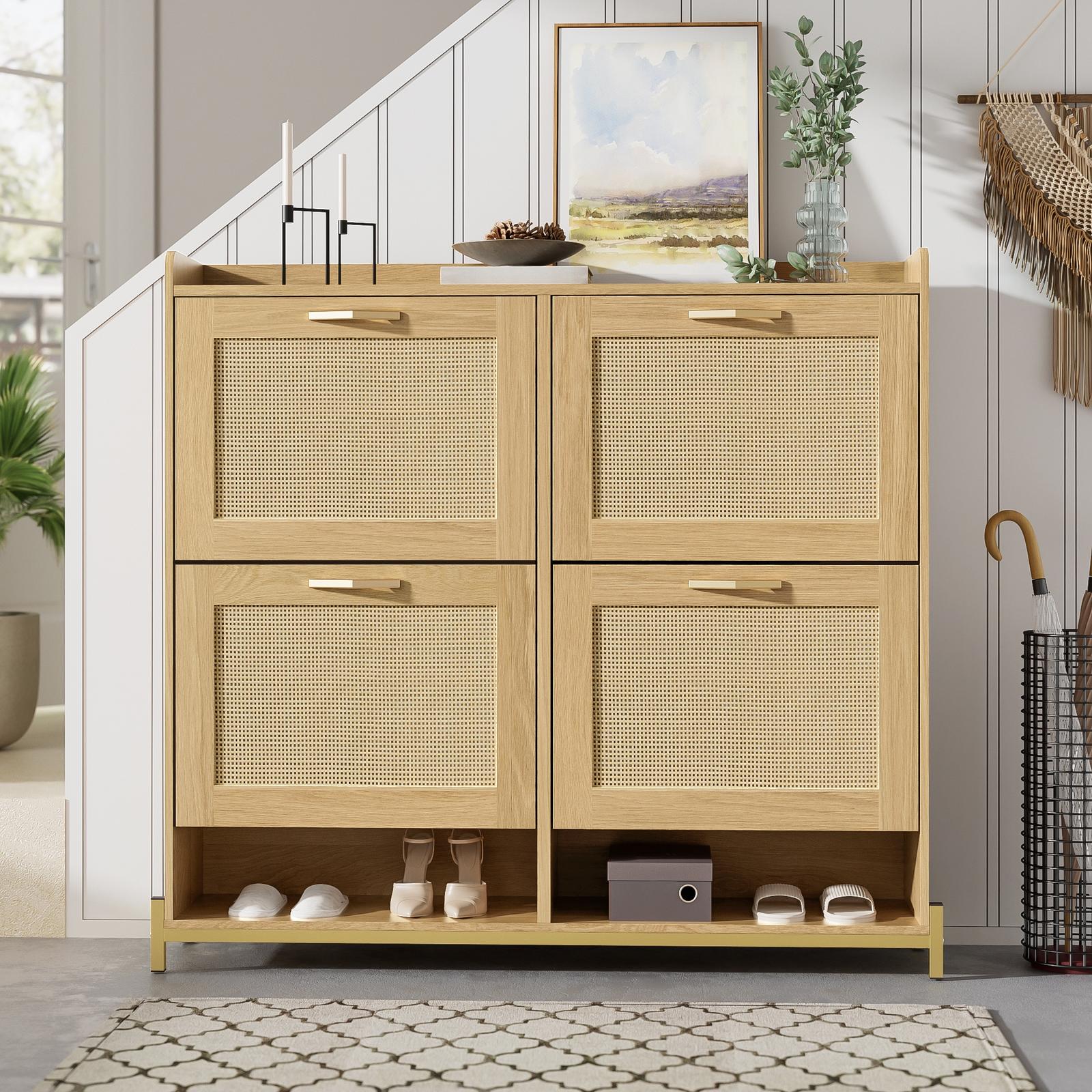 Platzsparender Schuhschrank Für Flur Und Diele, Holzoptik Und Natur-rattan Mit Metallbeinen Im Boho-stil, 4 Kippfächer, 108,5 X 24 X 100 Cm, Helle Eiche