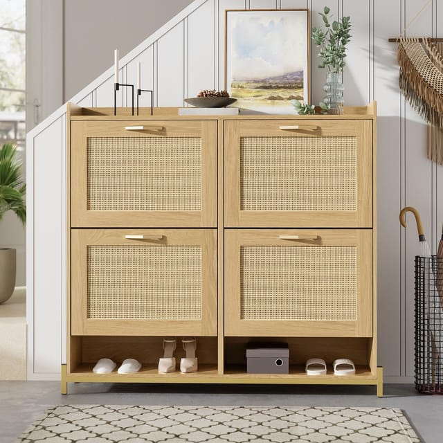 Platzsparender Schuhschrank Für Flur Und Diele, Holzoptik Und Natur-rattan Mit Metallbeinen Im Boho-stil, 4 Kippfächer, 108,5 X 24 X 100 Cm, Helle Eiche