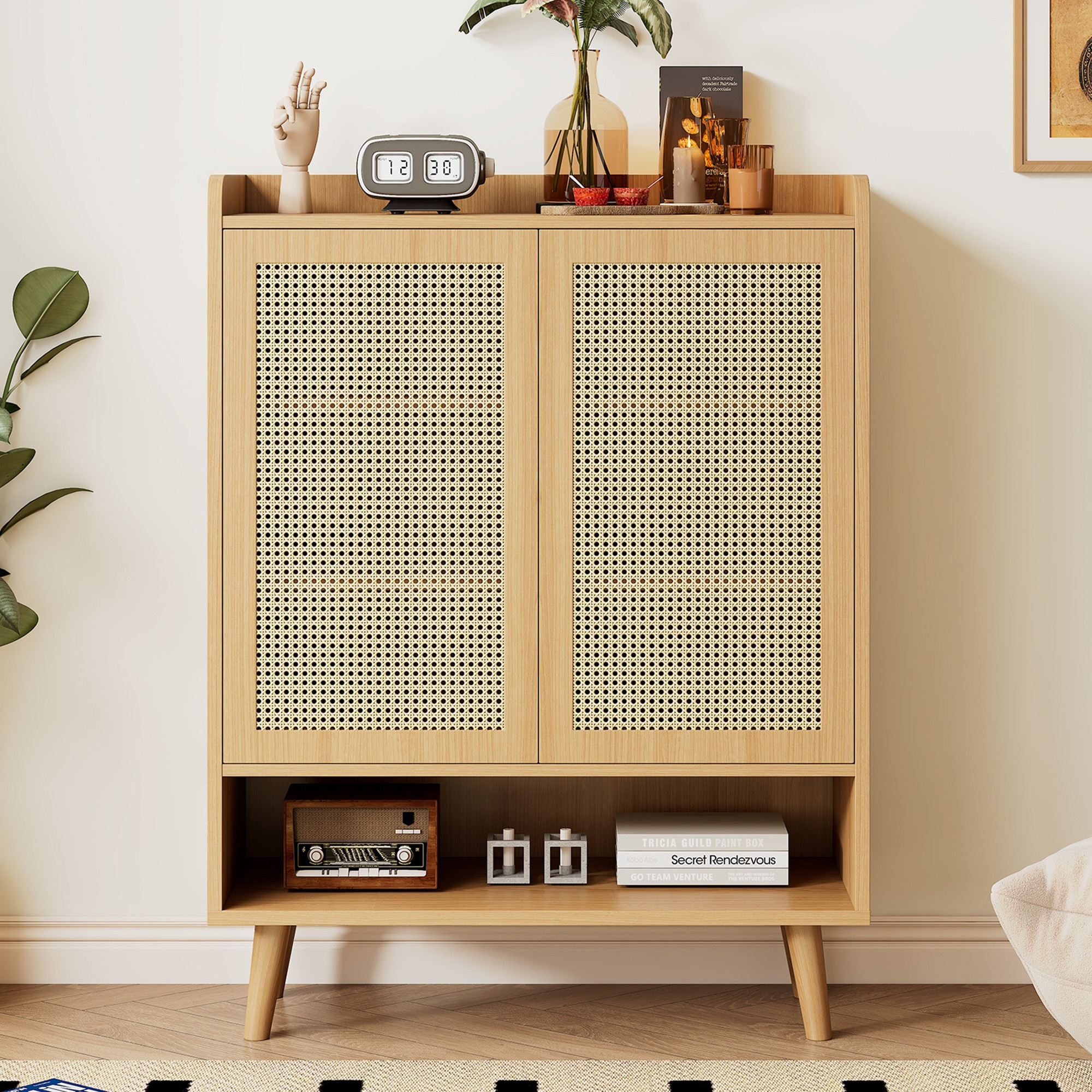 Schuhschrank Im Boho-stil Für Den Eingangsbereich, Natur-rattan, 2 Türen, 5 Einlegeböden Und Beine Aus Massivholz, B80 X T35 X H105 Cm, Eiche
