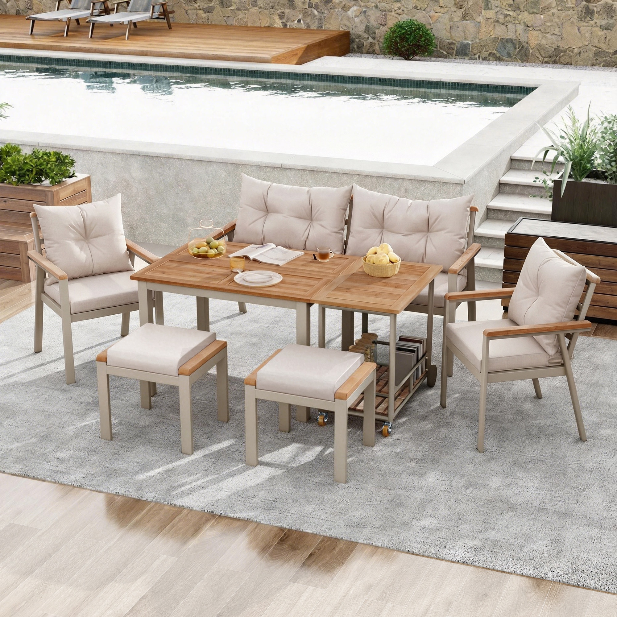 Garten-essgruppe Für 6–7 Personen Mit Abnehmbarem Servierwagen, Aus Akazienholz Und Verzinktem Stahl, Beige/natur