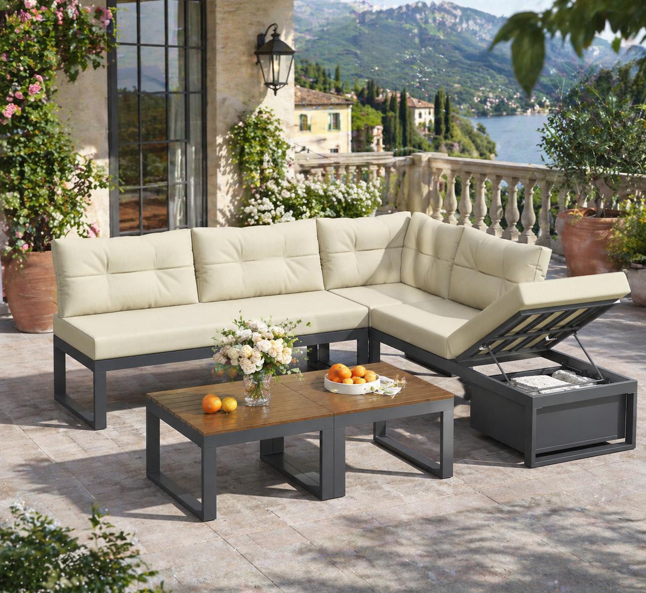 Eck-gartenlounge 4-sitzer Mit Stauraum Und Verstellbarer Rückenlehne, Metall Und Wasserabweisendes Polyester Für Terrasse Und Balkon, Beige