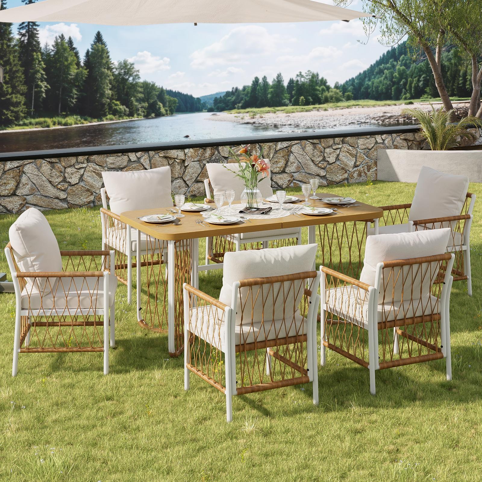 Garten-essgruppe Für 6 Personen, Gartentisch Mit Stühlen Und Sitzkissen Für Terrasse Und Außenbereich, Beige/braun