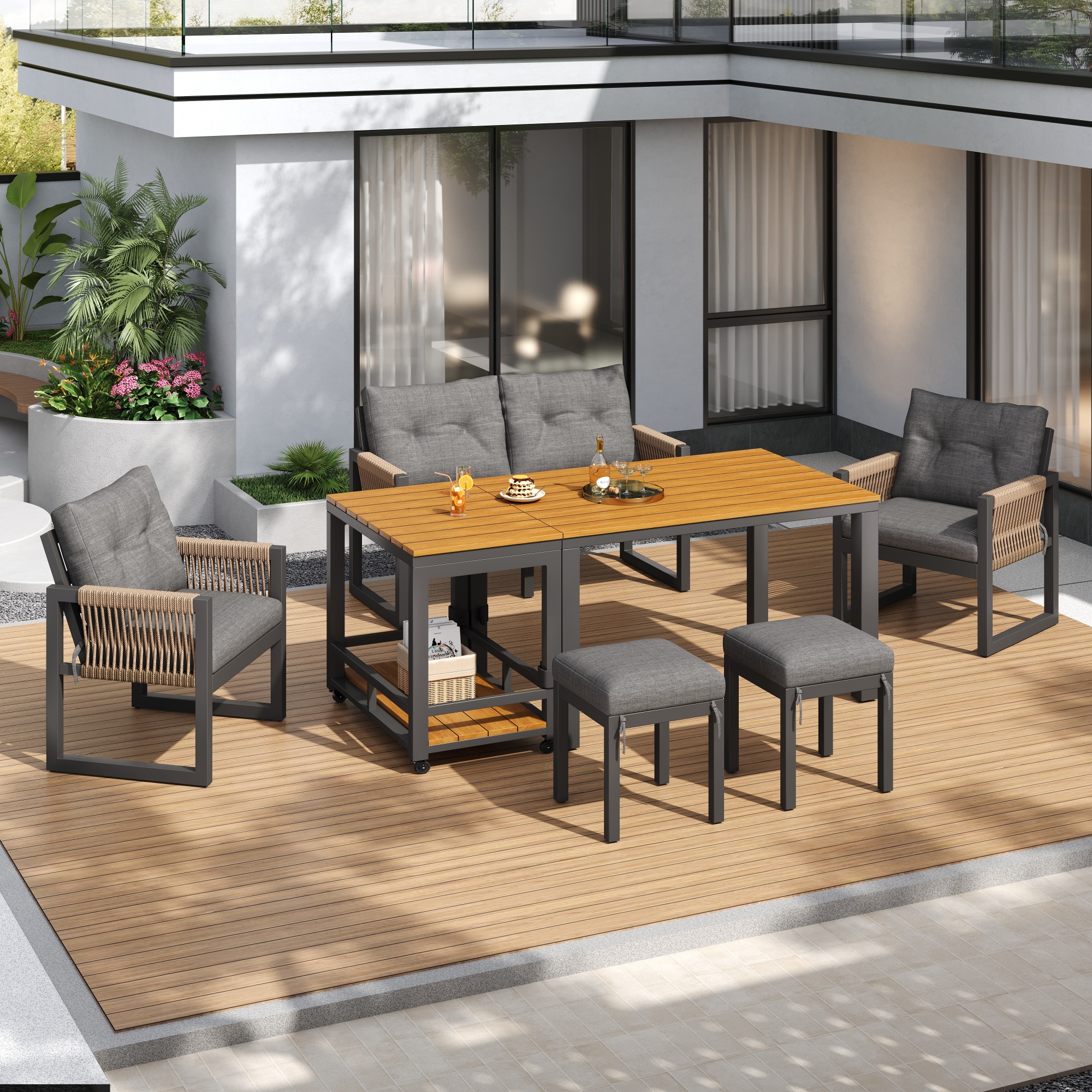 Gartenlounge 6-sitzer, Terrassen-sofagarnitur Mit Esstisch Und Hockern, Aus Geflochtenem Seil, 6-teiliges Set, Grau Und Natur