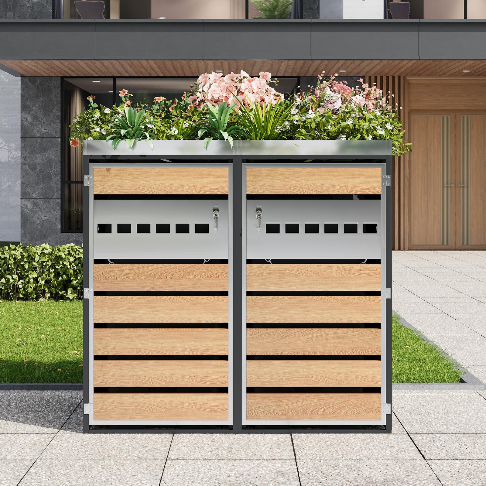 Doppel-mülltonnenbox, 132 × 80 × 124,5 Cm, Gartenbox Für 2 Mülltonnen Mit Integriertem Pflanzkasten, Grau/holz