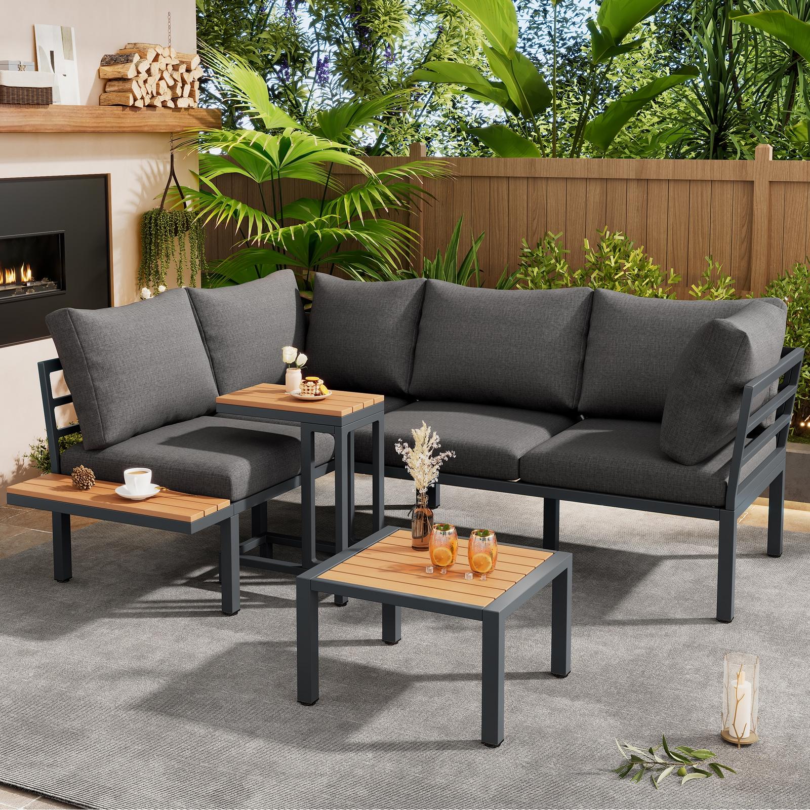 Garten-lounge-set Mit Ecksofa, Als Hocker Nutzbarem Couchtisch Und Beistelltisch, Balkon- Und Terrassenmöbel Aus Verzinktem Stahl Und Holzverbundstoff, Grau/schwarz