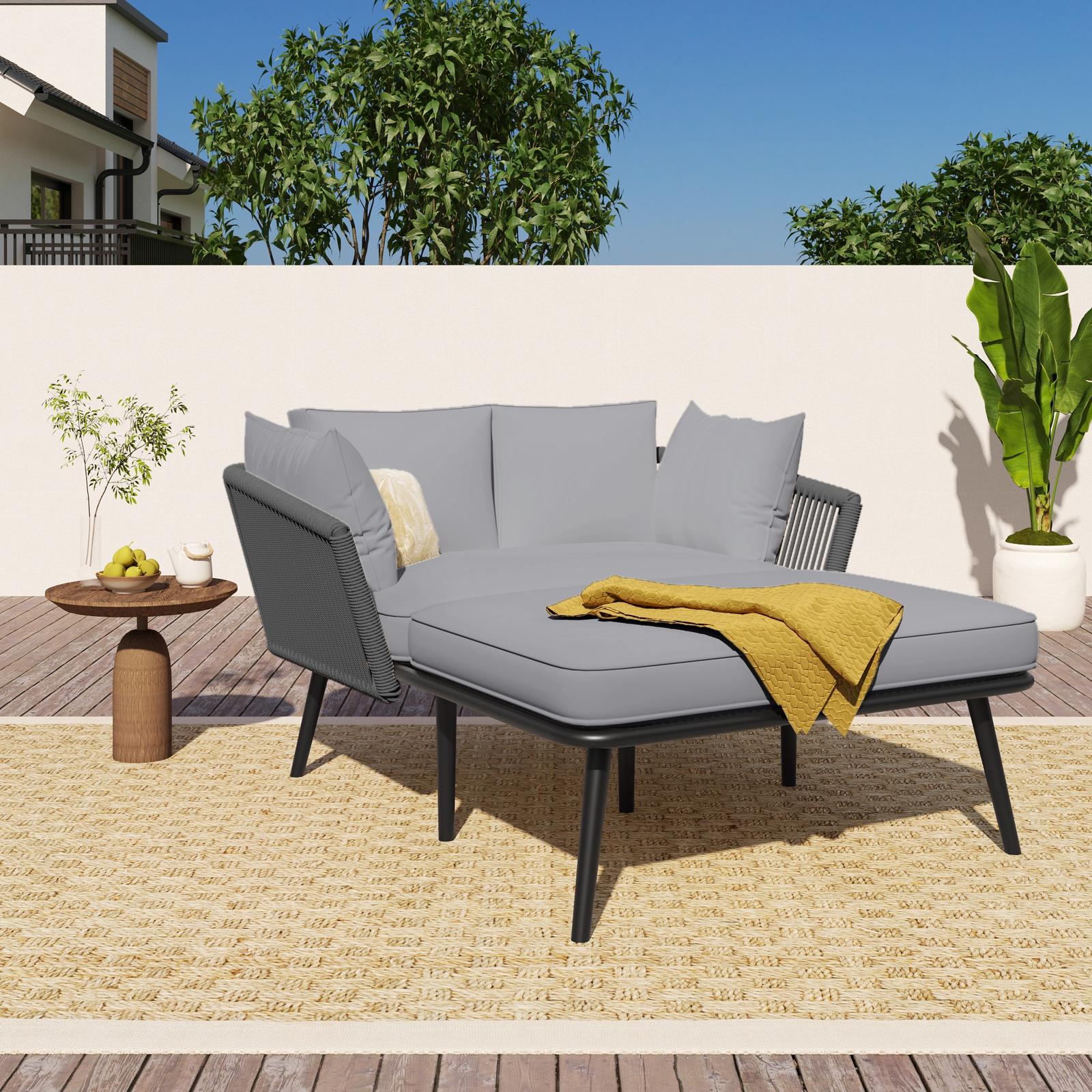 2-sitzer Gartensofa, Sonnenliege Und Outdoor-lounge Für Garten Und Terrasse, Terrassenmöbel Aus Stahl Und Geflochtenem Seil, Grau