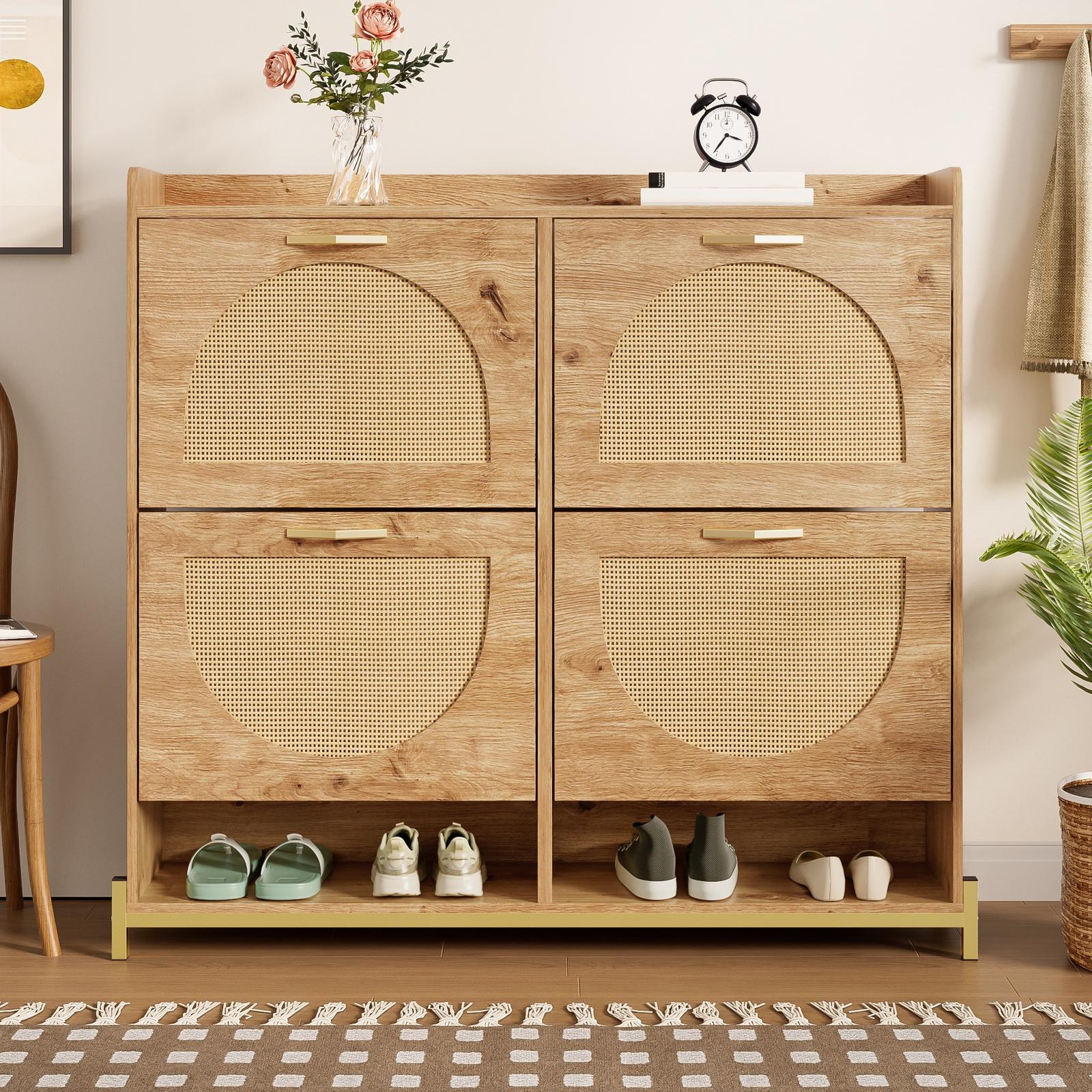 Platzsparender Schuhschrank Für Flur Und Diele, 4 Klappen Mit Rattangeflecht Im Boho-stil, Konstruktion Aus Holzwerkstoff Und Metall, B108,5 Cm, Natur