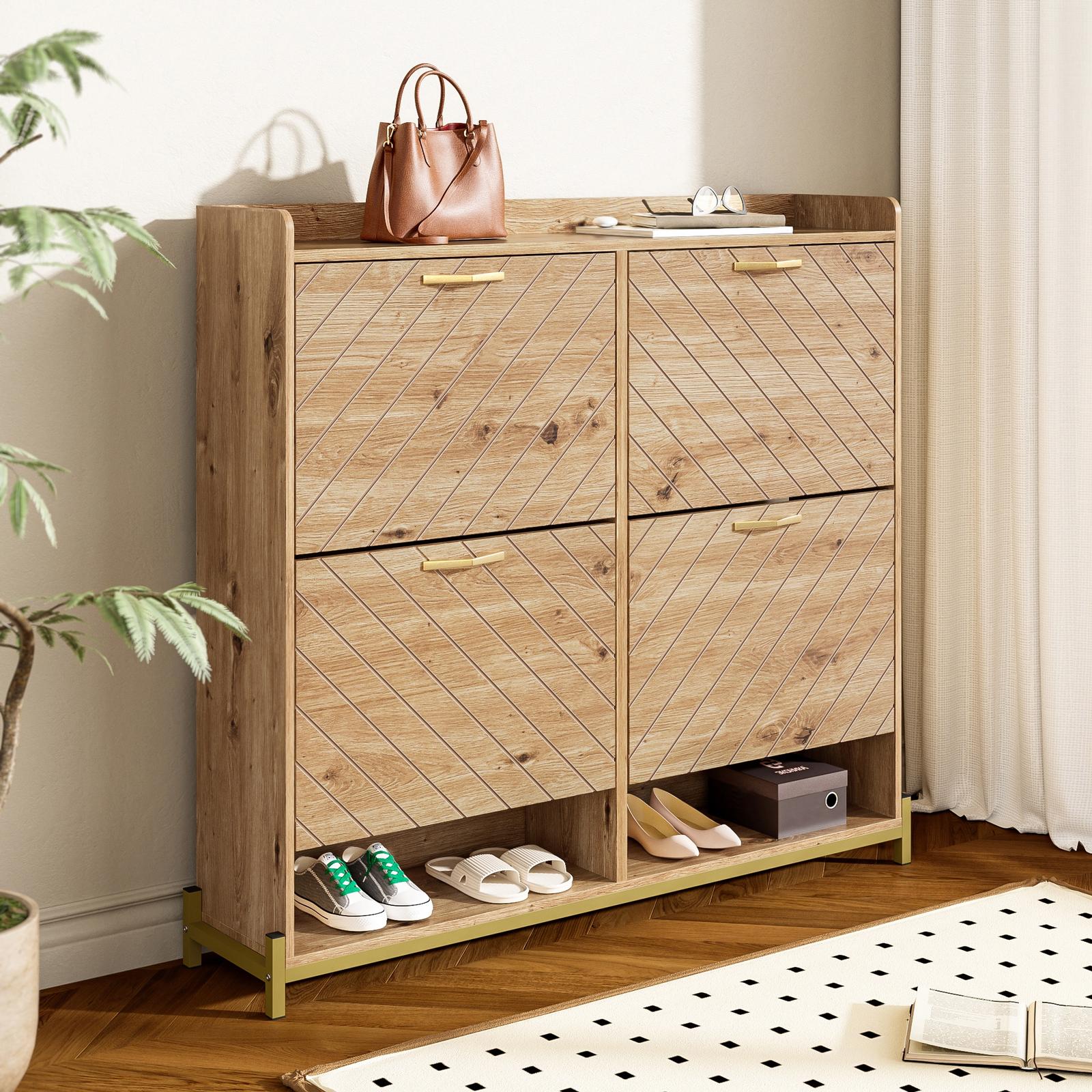 Platzsparender Schuhschrank Für Flur Und Diele, 4 Kippfächer Aus Mdf In Holzoptik Und Metallbeine, 108,5 X 24 X 100 Cm, Natur