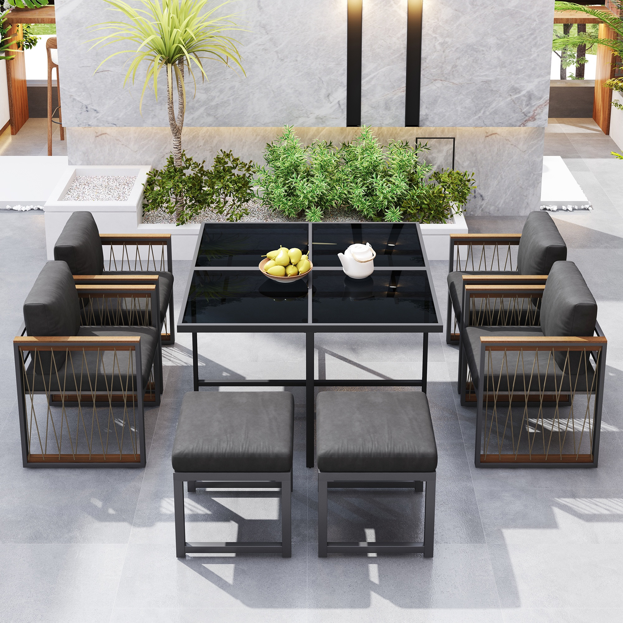 7-teiliges Gartenmöbel-set, 117 × 117 Cm, Quadratischer Gartentisch Mit Stühlen Für Terrasse Und Garten, Schwarz/natur