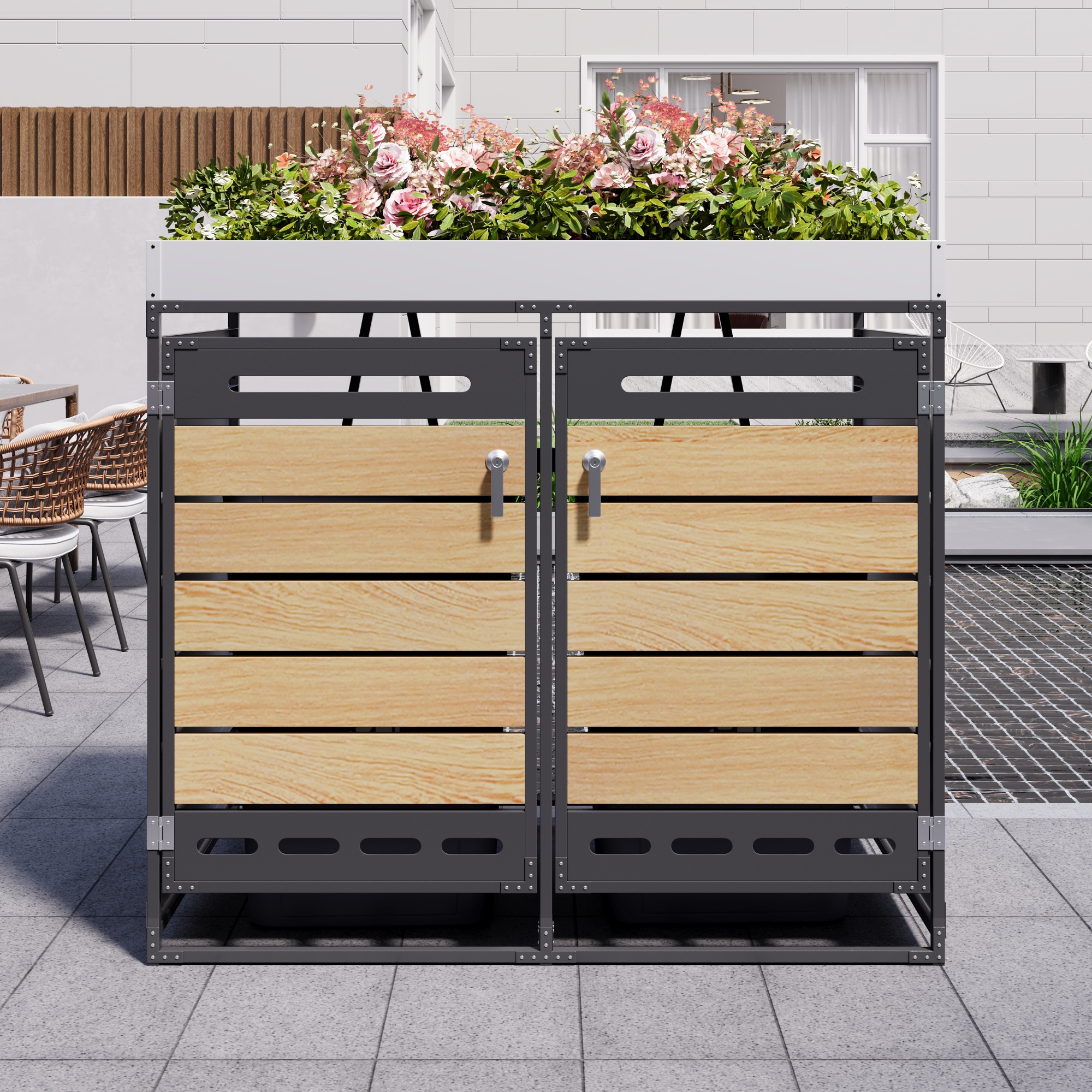Doppel-mülltonnenbox Mit Pflanzkasten, 131 × 79 × 120 Cm, Für Garten Und Terrasse, 2 Abschließbare Türen, Schwarz