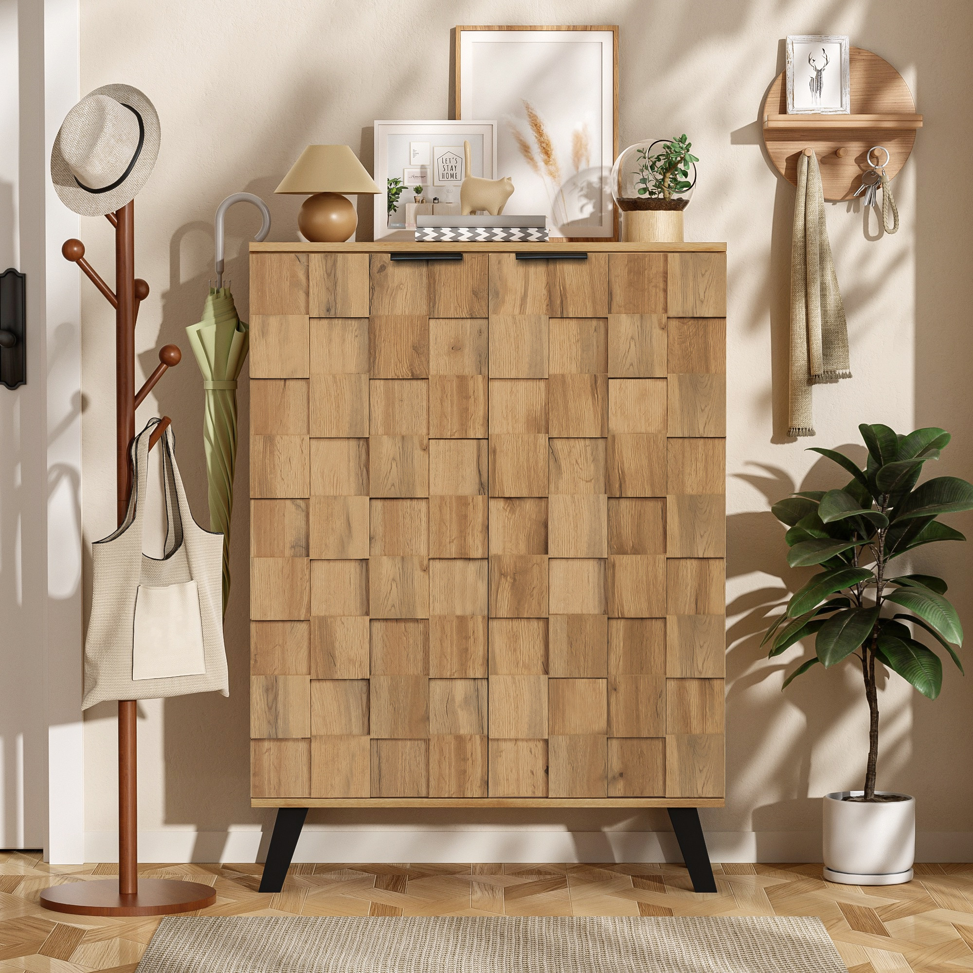 Schuhschrank Für Flur Und Diele, Moderner Aufbewahrungsschrank Mit 5 Fächern Und Höhenverstellbaren Einlegeböden, Geometrisches Design Aus Holzwerkstoff, 80,5 X 35 X 109,5 Cm, Eiche/schwarz
