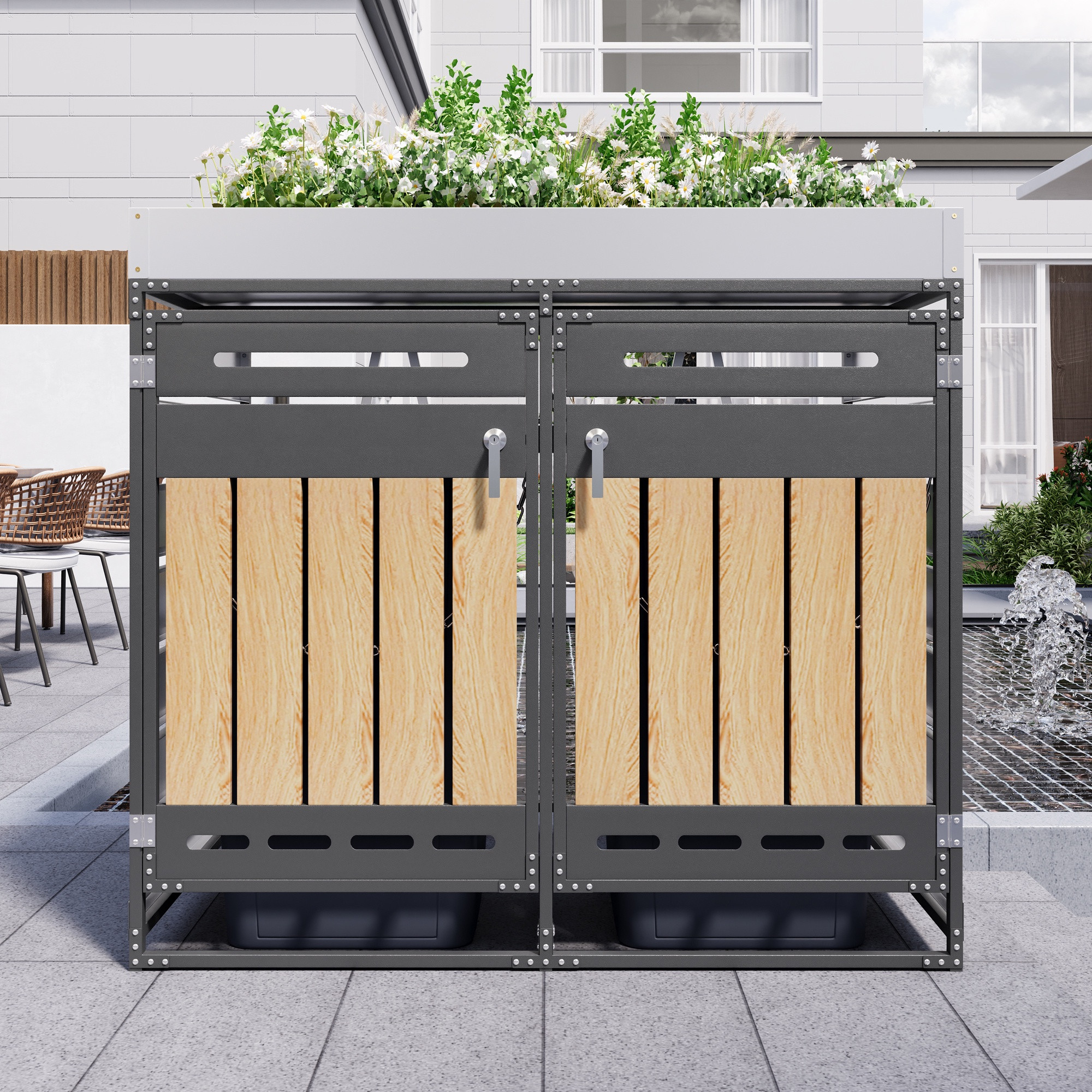 Doppel-mülltonnenbox Für Den Außenbereich, 131 × 79 × 120 Cm, Mit Integriertem Pflanzkasten, Lüftungsschlitzen Und 2 Abschließbaren Türen, Schwarz