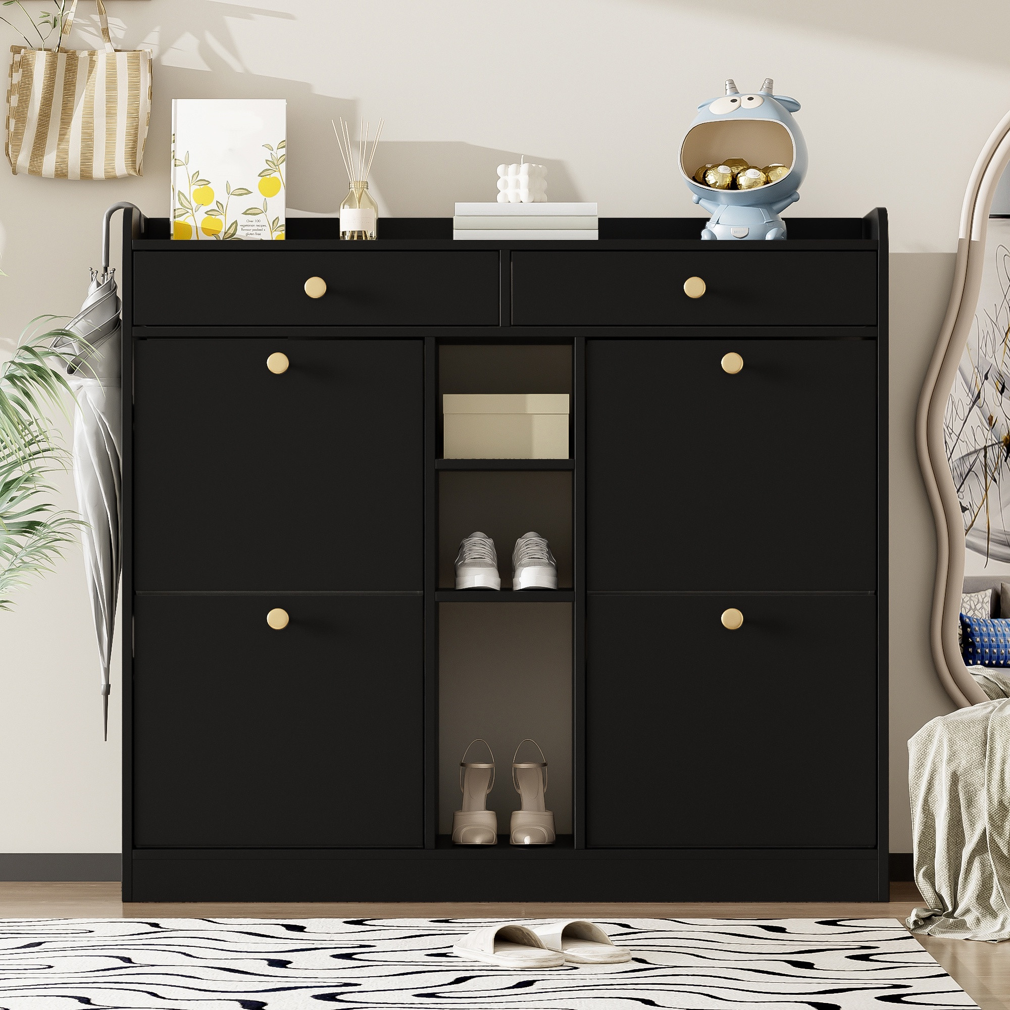 Schmaler Schuhschrank, Platzsparender Aufbewahrungsschrank Für Flur Und Diele Mit 4 Kippfächern Und 2 Schubladen, 110 X 26 X 100 Cm, Schwarz