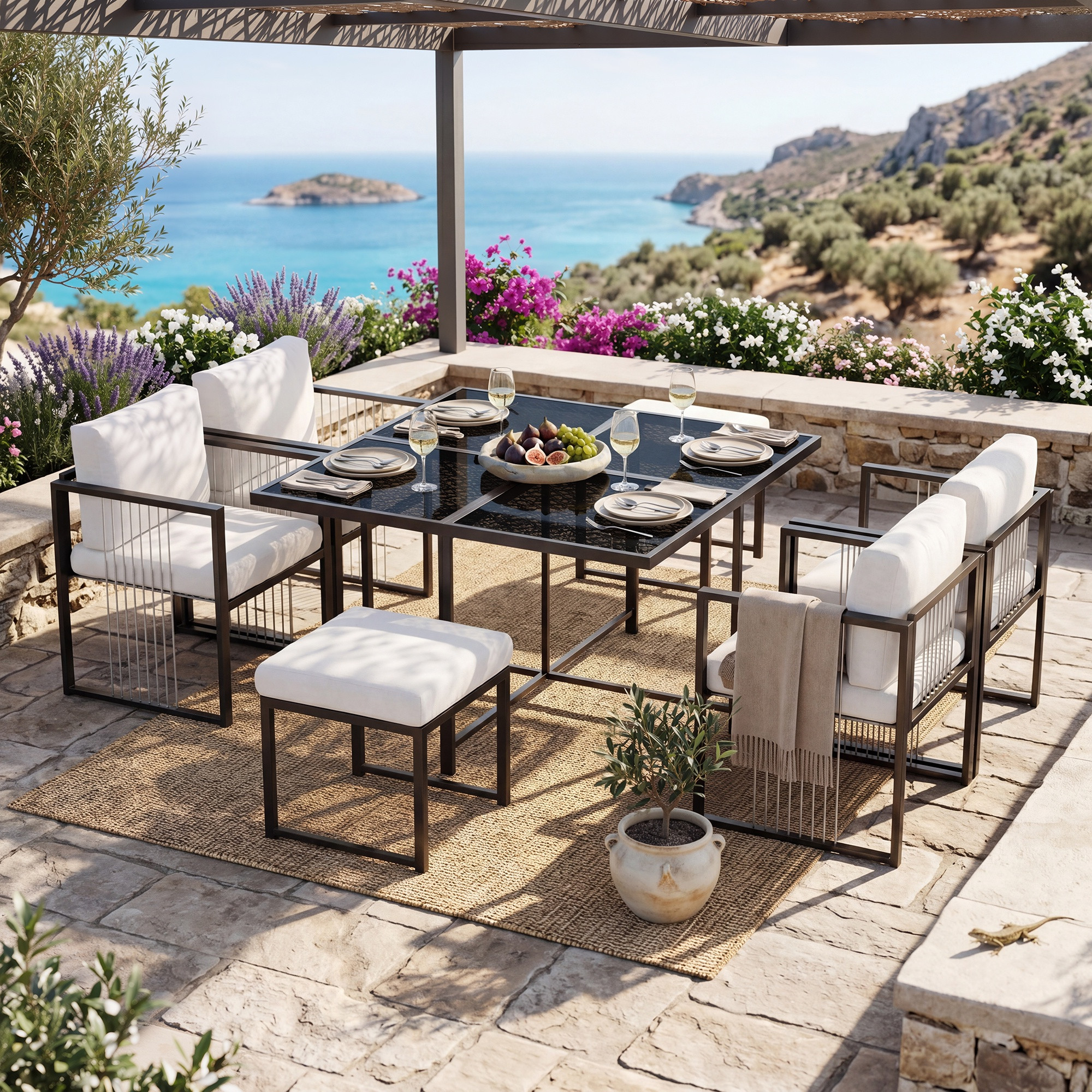 7-teiliges Gartenmöbel-set Für 6 Personen, 4 Sessel Aus Seilgeflecht Und 2 Hocker Für Terrasse Und Garten, Schwarz/weiß