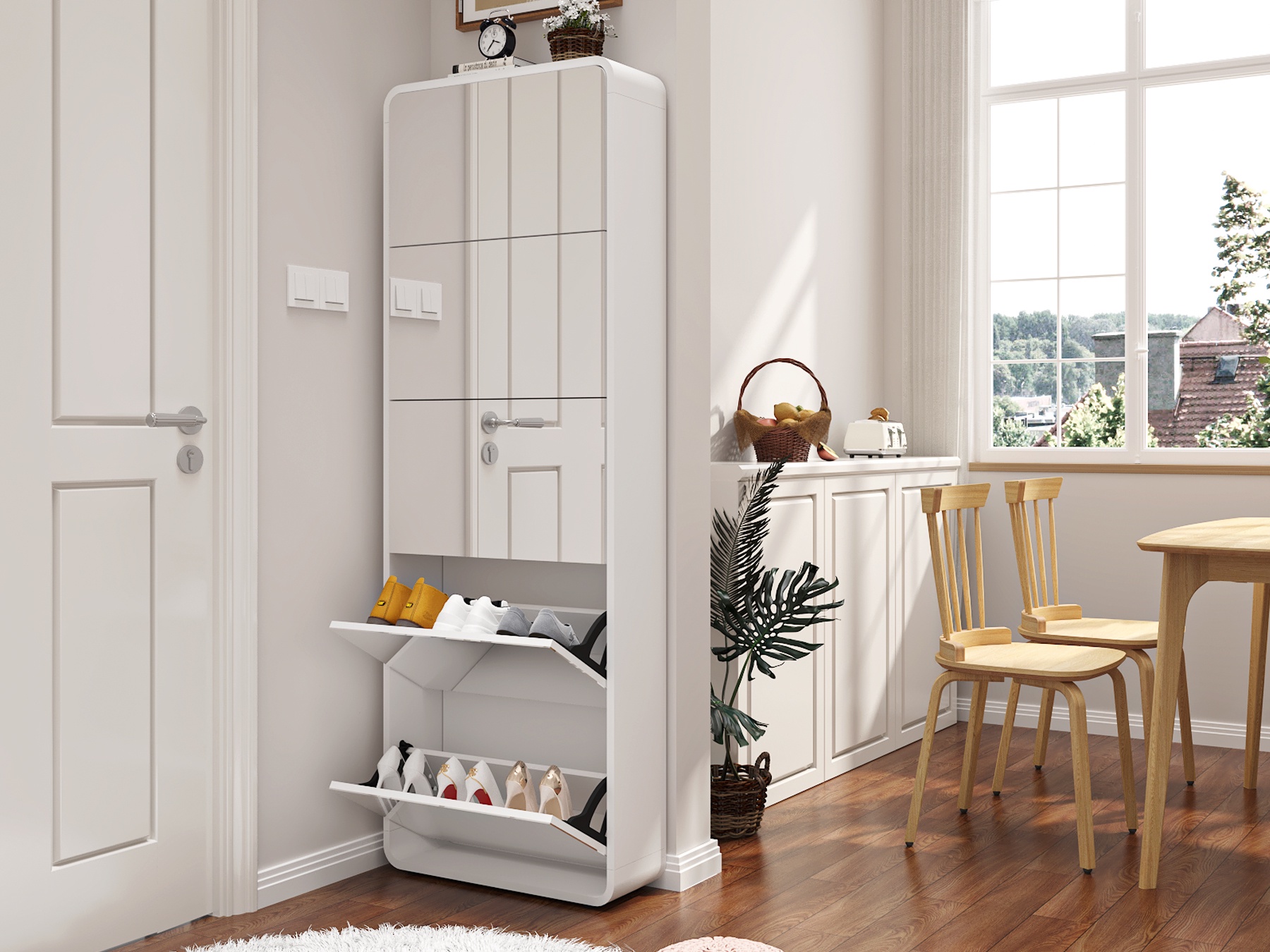 Schuhschrank Mit Spiegel, Platzsparende Schuhaufbewahrung Für Den Eingangsbereich, Schmaler Schuhkipper Im Bogendesign Mit 5 Klappen Aus Mdf, 63 X 19,6 X 176,5 Cm, Weiß