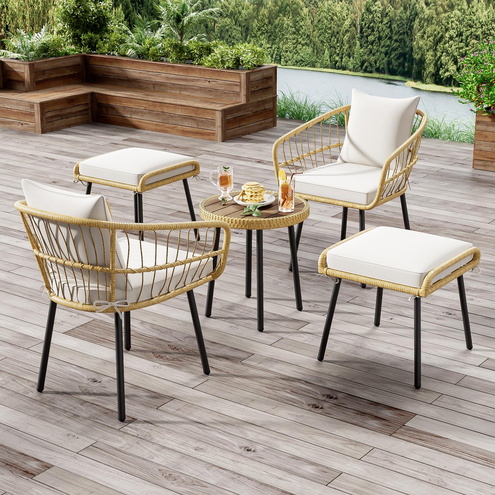 Gartenlounge 5-teilig, Essgruppe Mit Tisch, Stühlen Und Hockern Für Balkon Und Terrasse, Weiß Und Natur