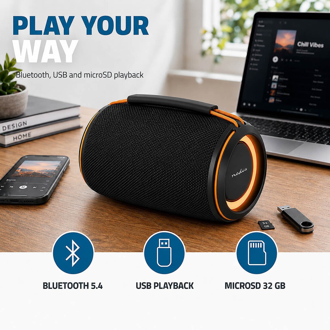 Nedis Bluetooth®-lautsprecher / 360 Min / Handgerät / 40 W / Mono / Aussenbereich / Startseite / Tragbar / Verknüpfbar / Orange / Schwarz