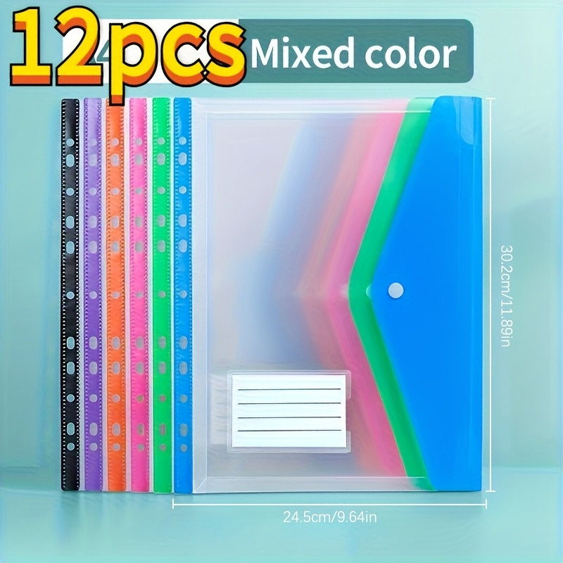 12 Dokumententaschen Aus Pp-kunststoff Im A4-format, Mit Druckknopfverschluss, Verschiedene Farben, 11 Löcher, Geeignet Zur Aufbewahrung Von Dokumenten In Schulen, Büros Und Haushalten.