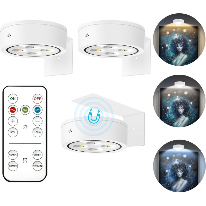 Drei Kabellose, Ferngesteuerte Led-strahler, Drei Magnetische Wandleuchten Mit Einstellbarer Farbtemperatur, Weiß